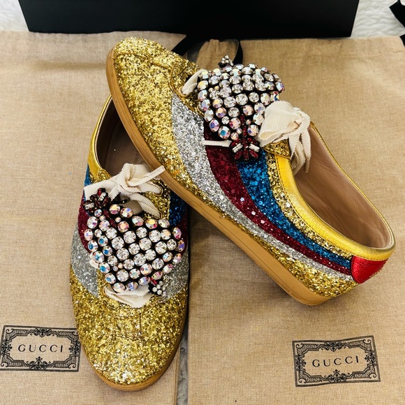Gucci 494609 Multicolor Glitters Heart Rhinestones Sneakers Shoes w/ Dustbag/box - Picture 14 of 16
